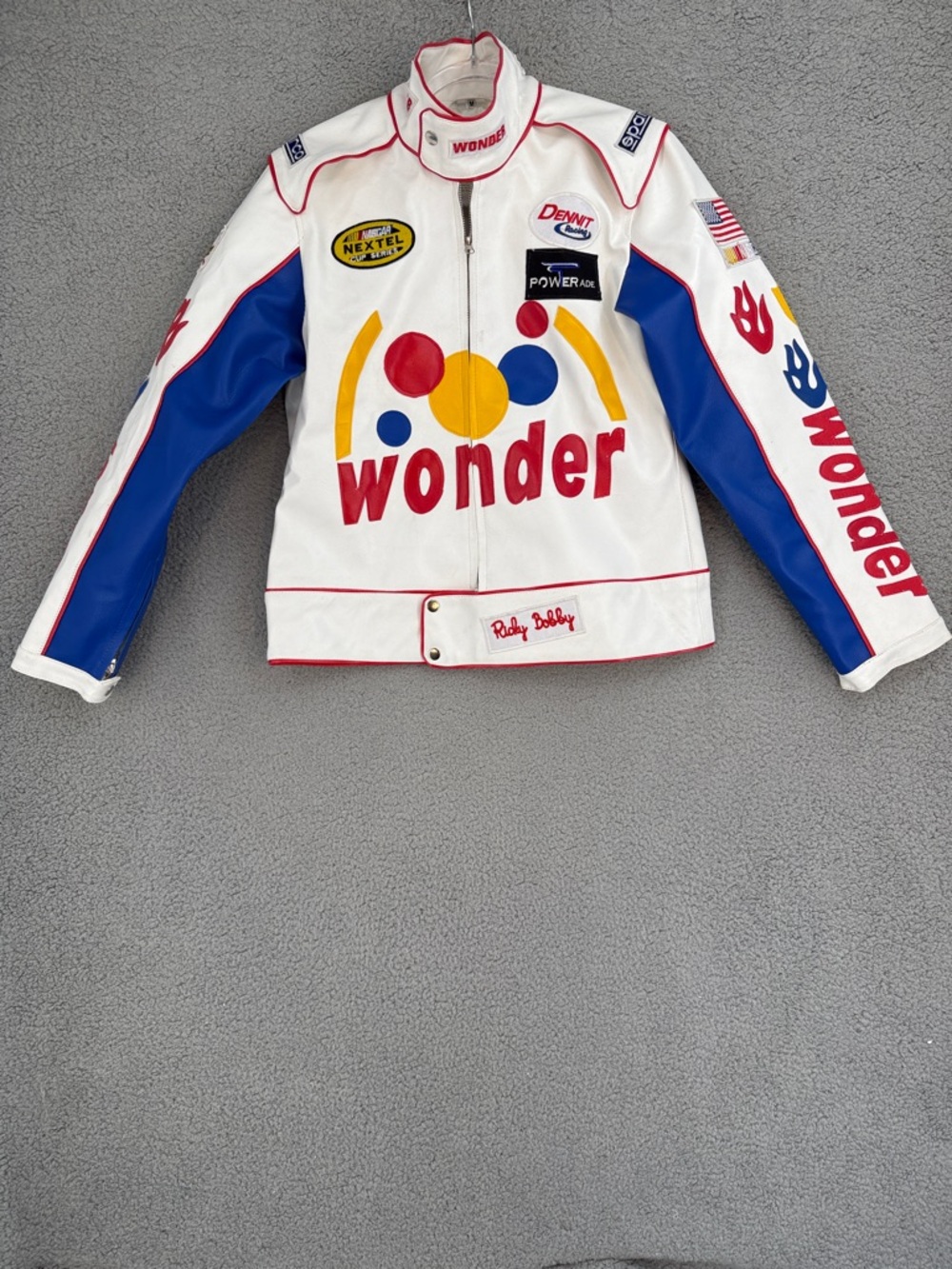 Ricky Bobby leather racing jacket men’s medium White & Blue full zip colorful